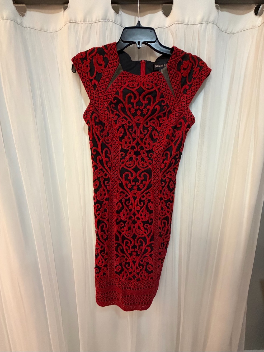 Tadashi Shoji Red and Black Embroidered Midi Dress